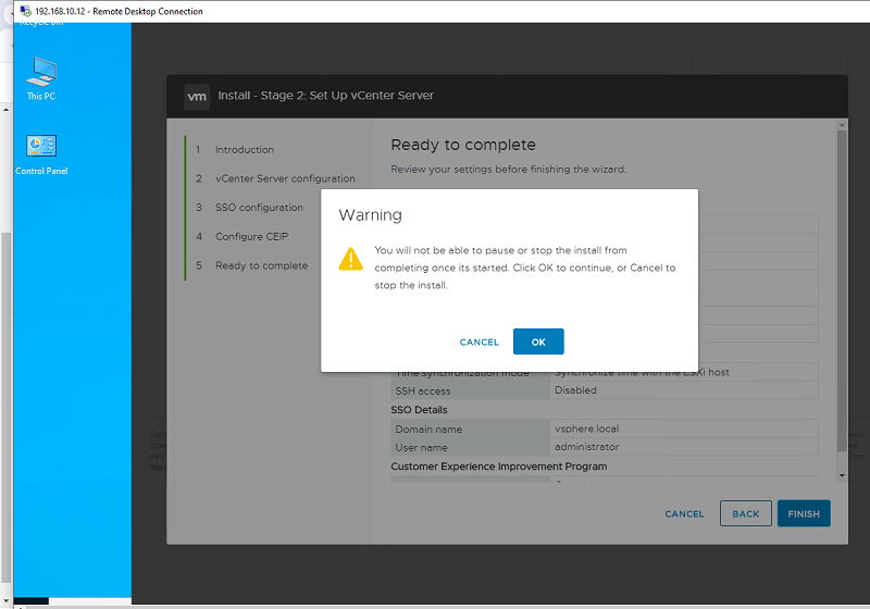 پایان مرحله‌ی دوم نصب و راه اندازی vCenter