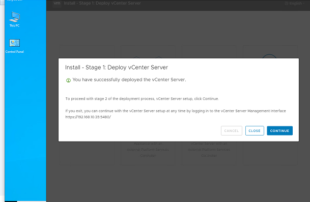 پایان مرحله اول نصب و راه اندازی vCenter