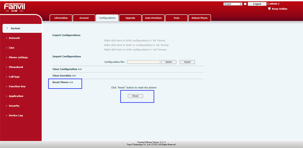 بازگردانی تنظیمات کارخانه تلفن‌های فنویل از طریق رابط وب